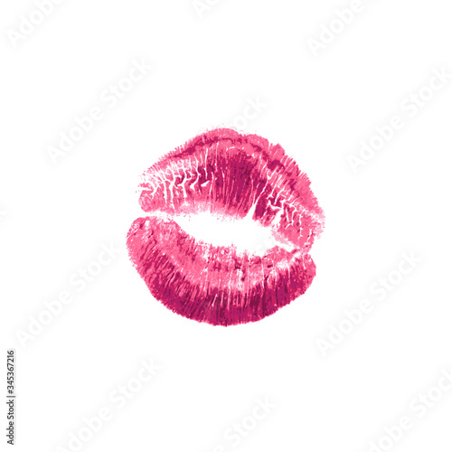 Beautiful realistic pink lips kiss isolated on white background. Lipstick vector mark.