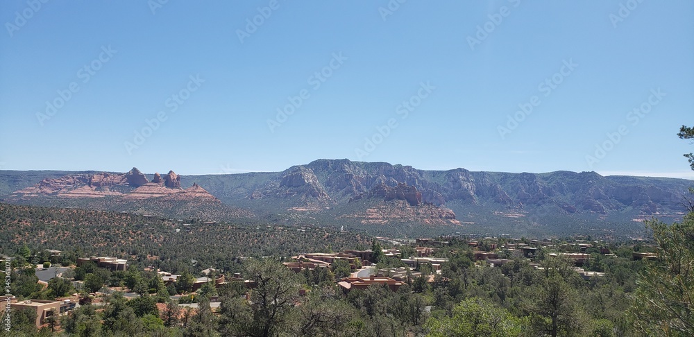 Looking down on Sedona, Arizona from above on a trail in the Coconino National Forest
