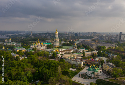Aerial view of Kiev Pechersk Lavra illuminated by the sunset rays of the sun, Kyiv, Ukraine