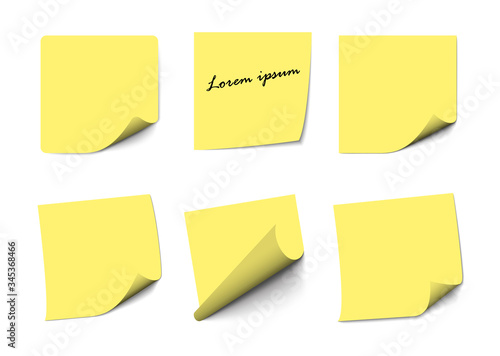 Realistic Yellow sticky note notes isolated on white. Square sticky paper reminders with shadows, paper page mock up.