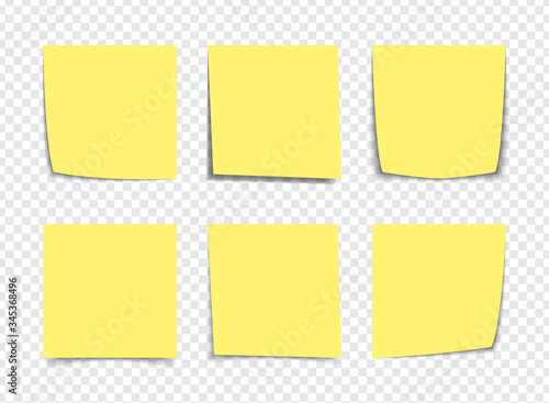 Realistic Yellow sticky note notes isolated on white. Square sticky paper reminders with shadows, paper page mock up.