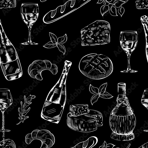 wine, champagne, cheese, bakery chalk vector seamless pattern. Concept for wallpaper, wrapping paper, cards 