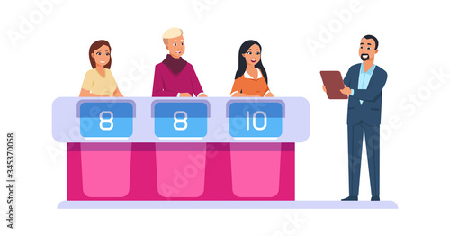 TV show. Leader asks contestant questions and selects winner. Vector cartoon quiz intellectual game