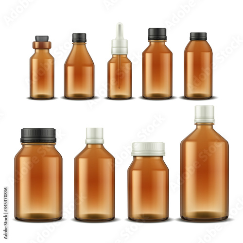 Medical bottle. Realistic pharmacy glass containers for pills mixtures and aromatic oil. Vector illustration drugs and medical supplements brown bottle with different lid set