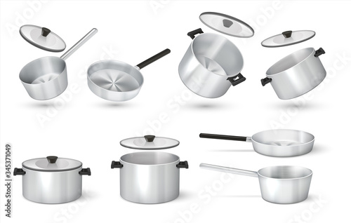 Realistic pan. Steel cooking pots with cape, metal saucepan and skillet, isolated cookware. Vector image 3D aluminum frying pan and kitchen utensil