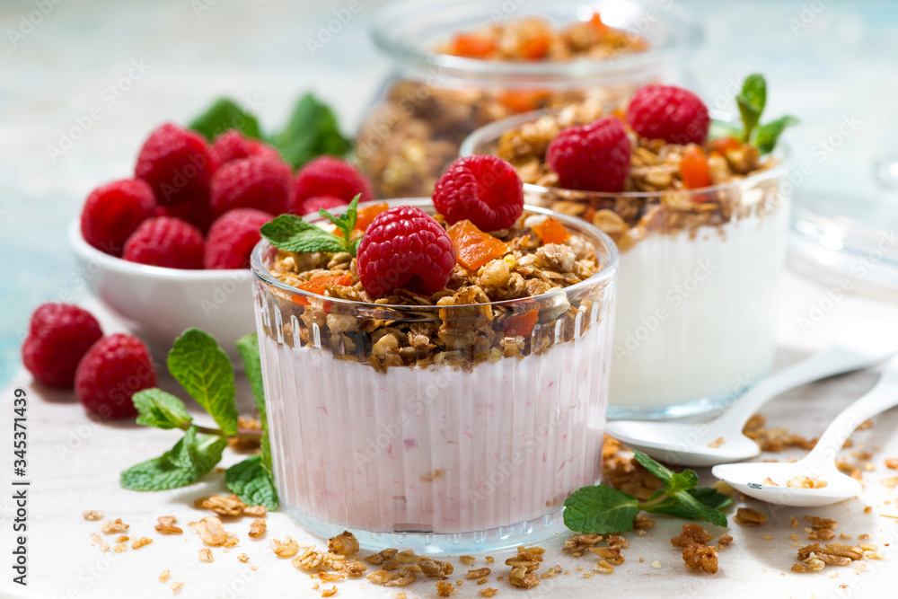 sweet dessert with granola, fresh raspberries and fruit yoghurt sweet dessert with granola, fresh raspberries and fruit yoghurt