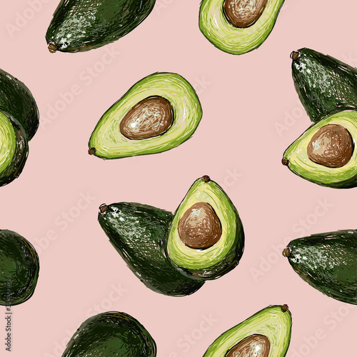 Seamless vector hand drawn pattern with avocado in doodle style on a pink background. Healthy food green texture.