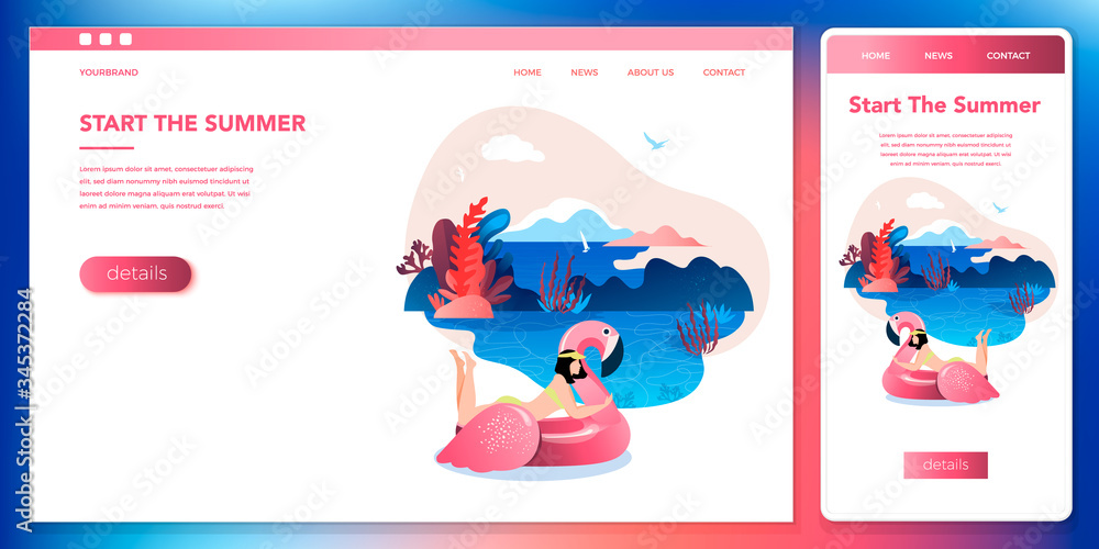 Set of vector illustrations - a young girl swimming in an inflatable pool with a Flamingo on vacation. Modern vector illustration concepts for developing websites and mobile websites.