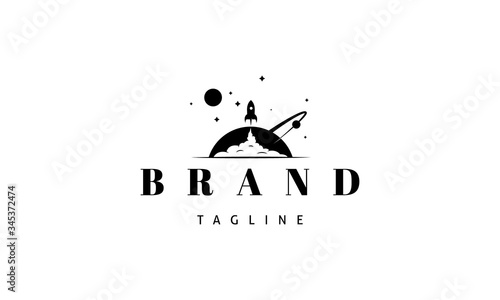 Vector logo on which an abstract image of a rocket taking off against the backdrop of a huge planet with an orbit.