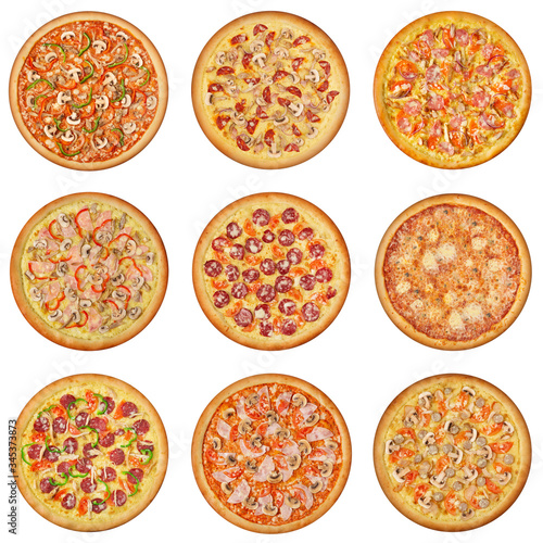 Set of the Italian pizzas isolated on white background.