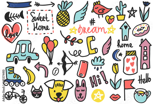Summer doodles set. Hand style Color vector items. Illustration with random elements. Design for prints and cards.