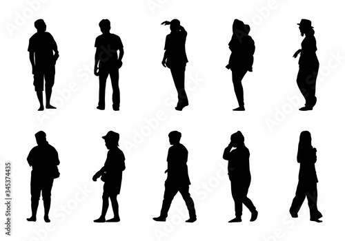 Silhouette lifestyle people on white background, Man and women walking vector, isolate shape group girl and boy illustration