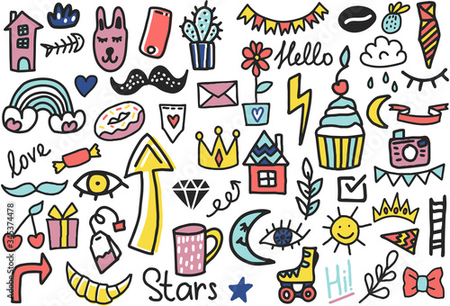 Summer doodles set. Hand style Color vector items. Illustration with random elements. Design for prints and cards.
