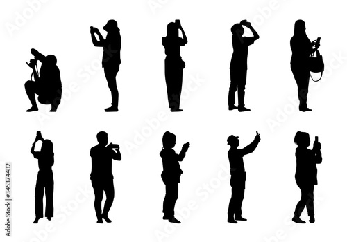 Tourist takeing photo silhouette set, People vector set on white background, Isolate different man and women illustration