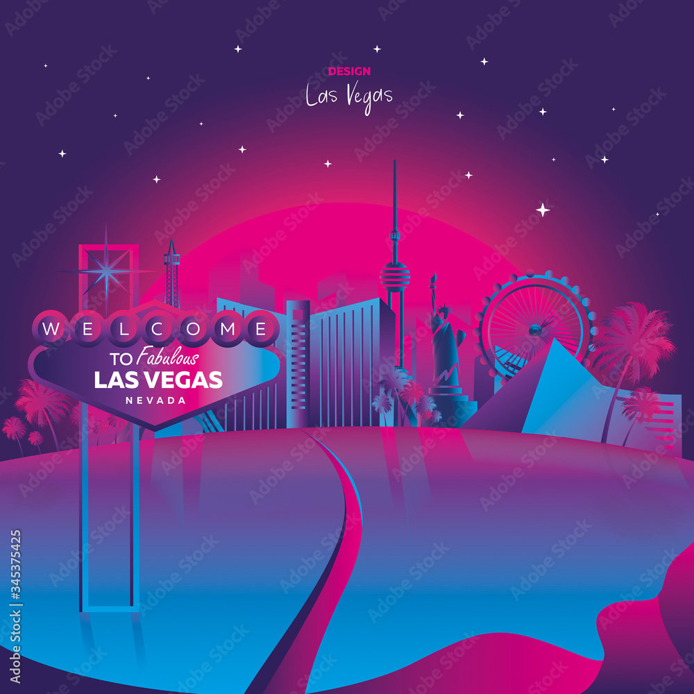 Vector illustration inspired by 80s disco music, 3d background, neon, Las  Vegas, Nevada at sunset, poster, banner, tourism. Vector illustration Stock  Vector | Adobe Stock