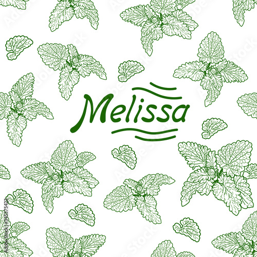 Seamless pattern with vector drawings of handmade lemon balm twigs on a white isolated background. Melissa is flat, cartoony. Registration of cards, menus, banners, printing on fabric, covers