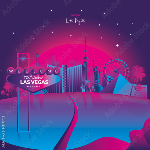 Vector illustration inspired by 80s disco music, 3d background, neon, Las Vegas, Nevada at sunset, poster, banner, tourism. Vector illustration © RomchikDL