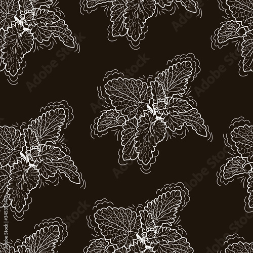 Seamless pattern with vector drawings of handmade lemon balm twigs on a colors background. Melissa is flat, cartoony. Registration of cards, menus, banners, printing on fabric, covers