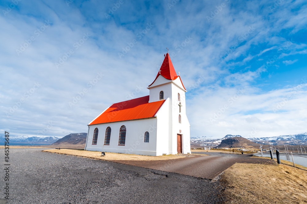 Panoramic view of Ingjaldsholskirkja church in Hellissandur, Iceland. Incredible Image of Icelandic landscape and architecture. Isolated church in a scenery of Scandinavia