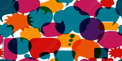 Colored speech bubble. Communication concept. Social network. Colored cloud. To speak - discussion. Symbol to talk and communicate. Dialogue diverse cultures. Seamless pattern background