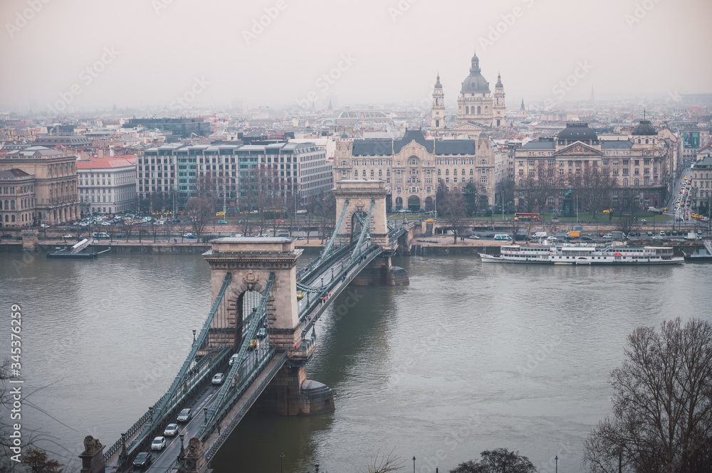 Panoramic view of the famous Chain Bridge in Budapest, Hungary