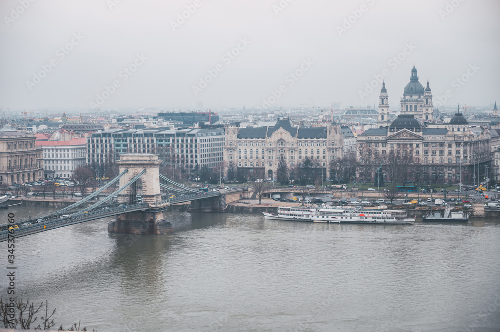 Panoramic view of the famous Chain Bridge in Budapest, Hungary