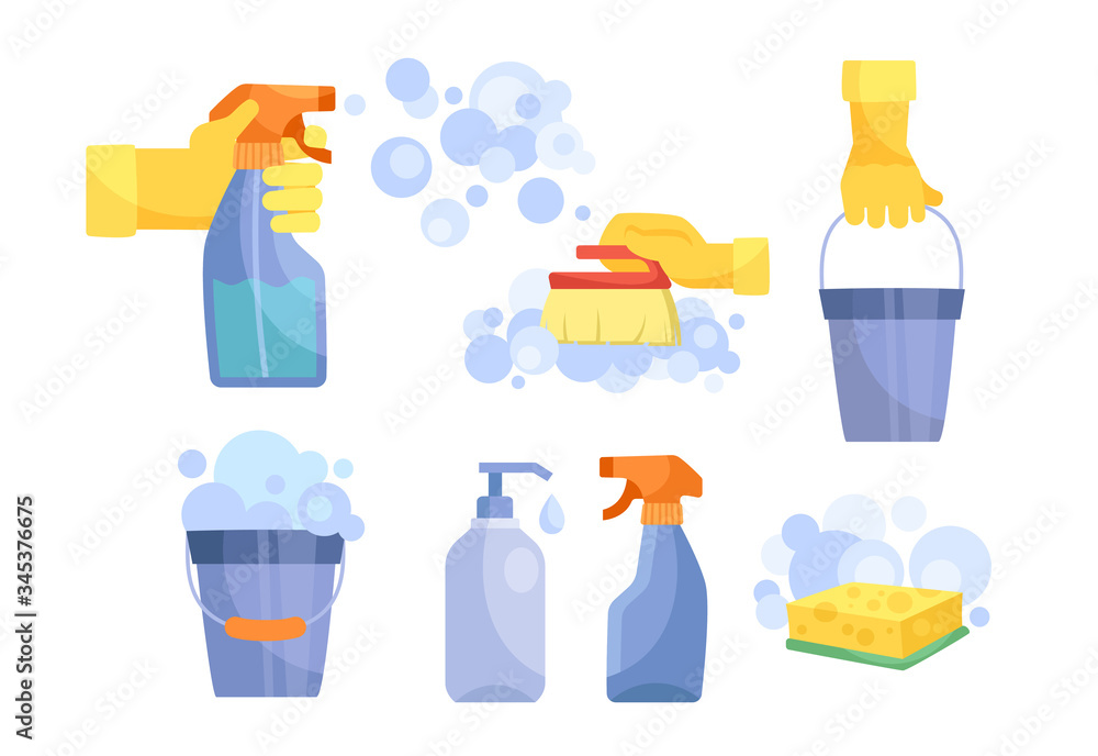Set of antibacterial and hygiene icons with a hand using a spray bottle, bucket in hand, bucket with soap suds, sponge and sprayers, colored vector illustration on white