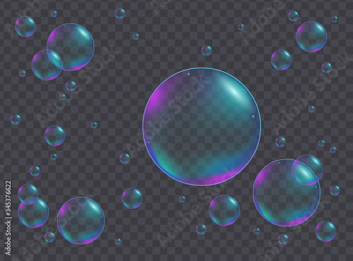 Realistic iridescent bubbles of different sizes giving a receding perspective over a black background, colored vector illustration