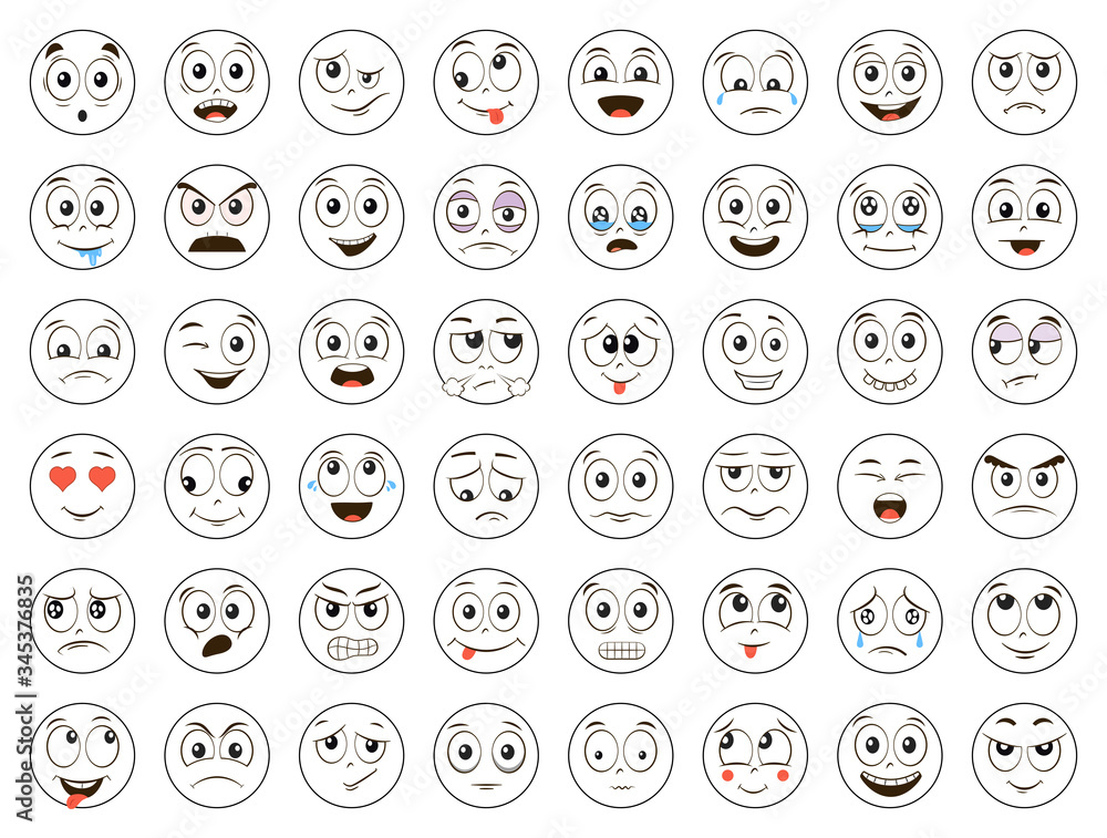 Set of Emoticons. Emoji. Cartoon faces set. Angry, laughing, smiling