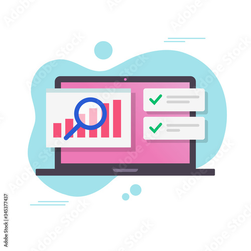 Financial audit research on computer laptop vector flat cartoon, idea of analysis or analytics digital reports, accounting or statistic inspection or quality evaluation