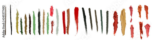 set of various thickness and line shapes of color cosmetic smears on isolated white background