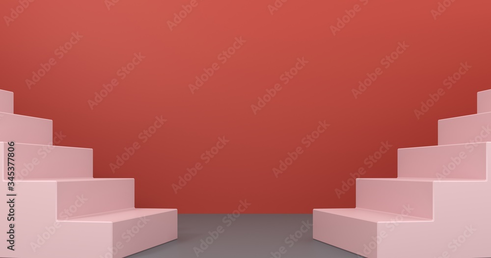 Interior studio with geometric objects. Architectural background for advertising products, presentations.Staircase with steps -podium,stand for shoes on background of vintage bright room - 3D,render. Interior studio with geometric objects. Architectural background for advertising products, presentations.Staircase with steps -podium,stand for shoes on background of vintage bright room - 3D,render.