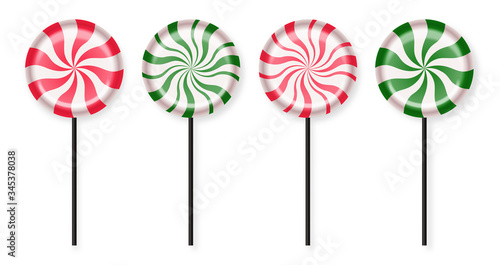 Hello winter, candy set, shop now, sale banner, pink and green lollipop vector illustration