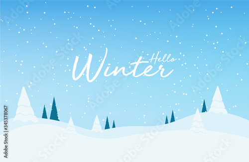 Hello winter, snow background, shop now, sale banner flat, snowflake vector illustration