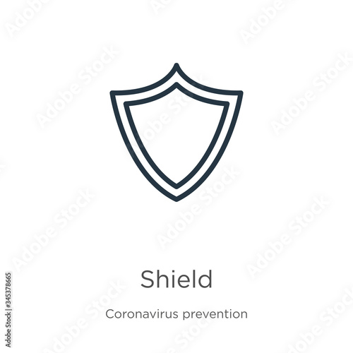Shield icon. Thin linear shield outline icon isolated on white background from Coronavirus Prevention collection. Modern line vector sign, symbol, stroke for web and mobile