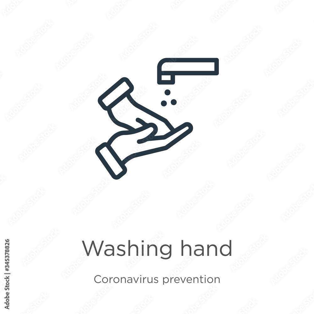 Washing hand icon. Thin linear washing hand outline icon isolated on white background from Coronavirus Prevention collection. Modern line vector sign, symbol, stroke for web and mobile Washing hand icon. Thin linear washing hand outline icon isolated on white background from Coronavirus Prevention collection. Modern line vector sign, symbol, stroke for web and mobile