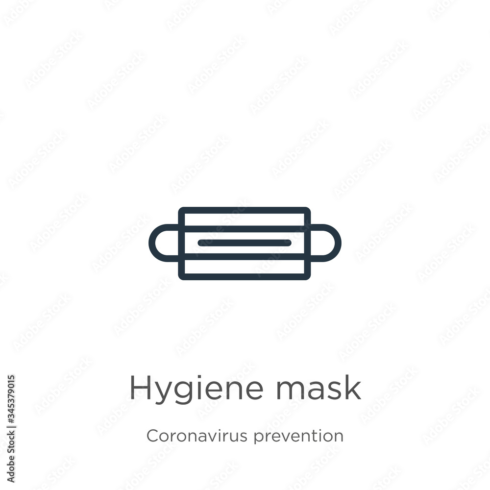 Hygiene mask icon. Thin linear hygiene mask outline icon isolated on white background from Coronavirus Prevention collection. Modern line vector sign, symbol, stroke for web and mobile Hygiene mask icon. Thin linear hygiene mask outline icon isolated on white background from Coronavirus Prevention collection. Modern line vector sign, symbol, stroke for web and mobile