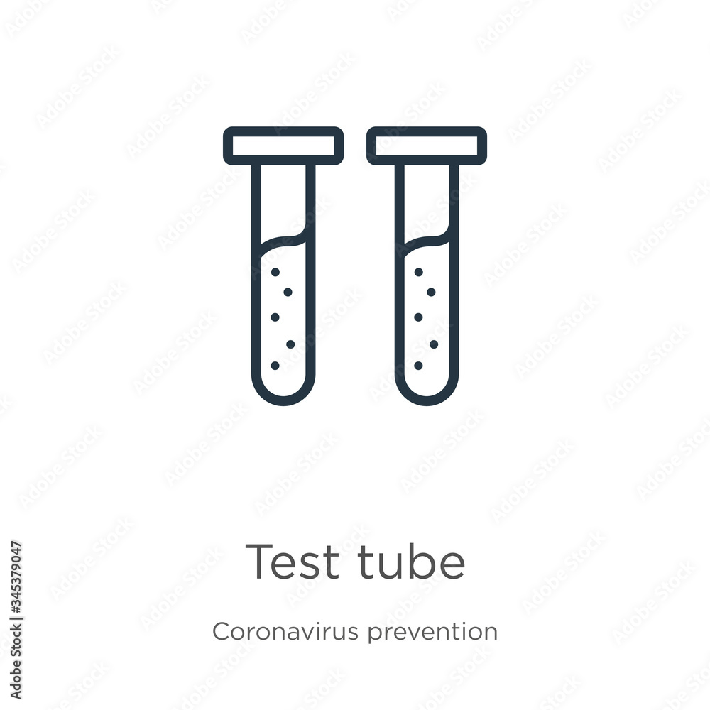 Test tube icon. Thin linear test tube outline icon isolated on white background from Coronavirus Prevention collection. Modern line vector sign, symbol, stroke for web and mobile Test tube icon. Thin linear test tube outline icon isolated on white background from Coronavirus Prevention collection. Modern line vector sign, symbol, stroke for web and mobile