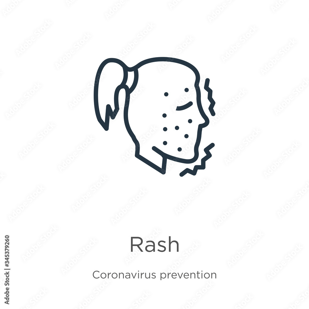 Rash icon. Thin linear rash outline icon isolated on white background from Coronavirus Prevention collection. Modern line vector sign, symbol, stroke for web and mobile Rash icon. Thin linear rash outline icon isolated on white background from Coronavirus Prevention collection. Modern line vector sign, symbol, stroke for web and mobile