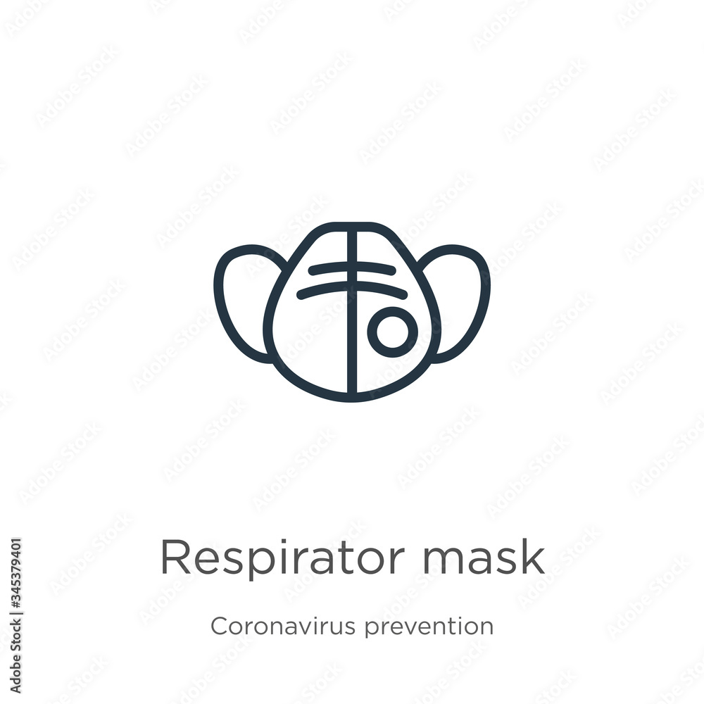 Respirator mask icon. Thin linear respirator mask outline icon isolated on white background from Coronavirus Prevention collection. Modern line vector sign, symbol, stroke for web and mobile Respirator mask icon. Thin linear respirator mask outline icon isolated on white background from Coronavirus Prevention collection. Modern line vector sign, symbol, stroke for web and mobile