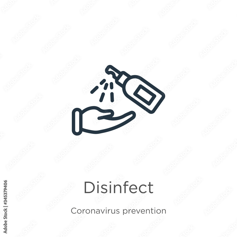 Disinfect icon. Thin linear disinfect outline icon isolated on white background from Coronavirus Prevention collection. Modern line vector sign, symbol, stroke for web and mobile