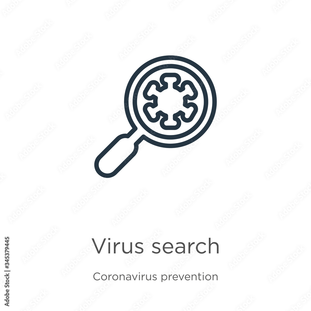 Virus search icon. Thin linear virus search outline icon isolated on white background from Coronavirus Prevention collection. Modern line vector sign, symbol, stroke for web and mobile Virus search icon. Thin linear virus search outline icon isolated on white background from Coronavirus Prevention collection. Modern line vector sign, symbol, stroke for web and mobile