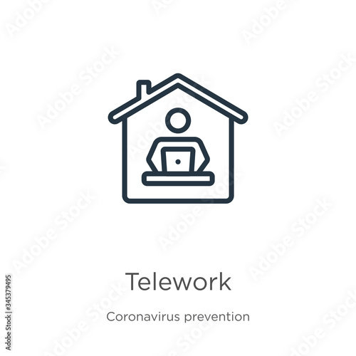Telework icon. Thin linear telework outline icon isolated on white background from Coronavirus Prevention collection. Modern line vector sign, symbol, stroke for web and mobile