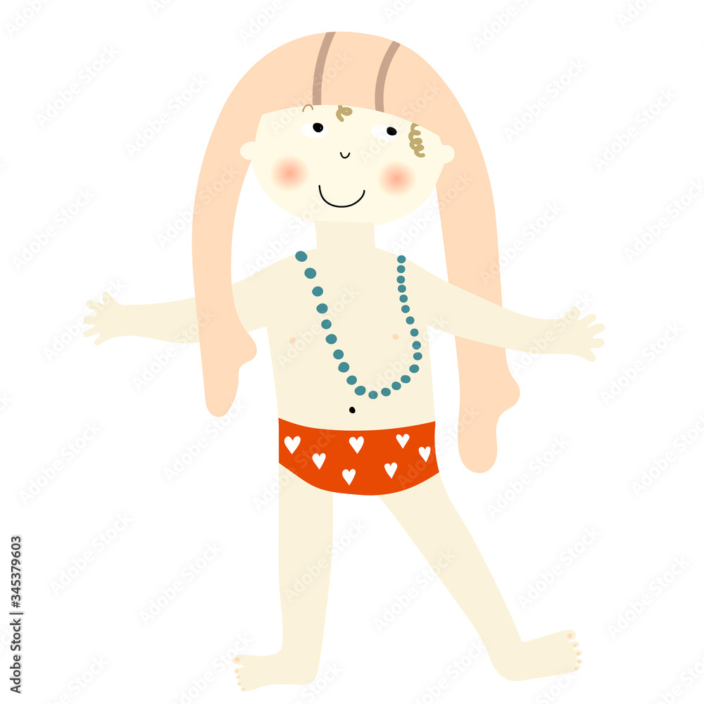 Little mischievous girl with red pants put on pantyhose on her head . Vector cartoon. Little mischievous girl with red pants put on pantyhose on her head . Vector cartoon.