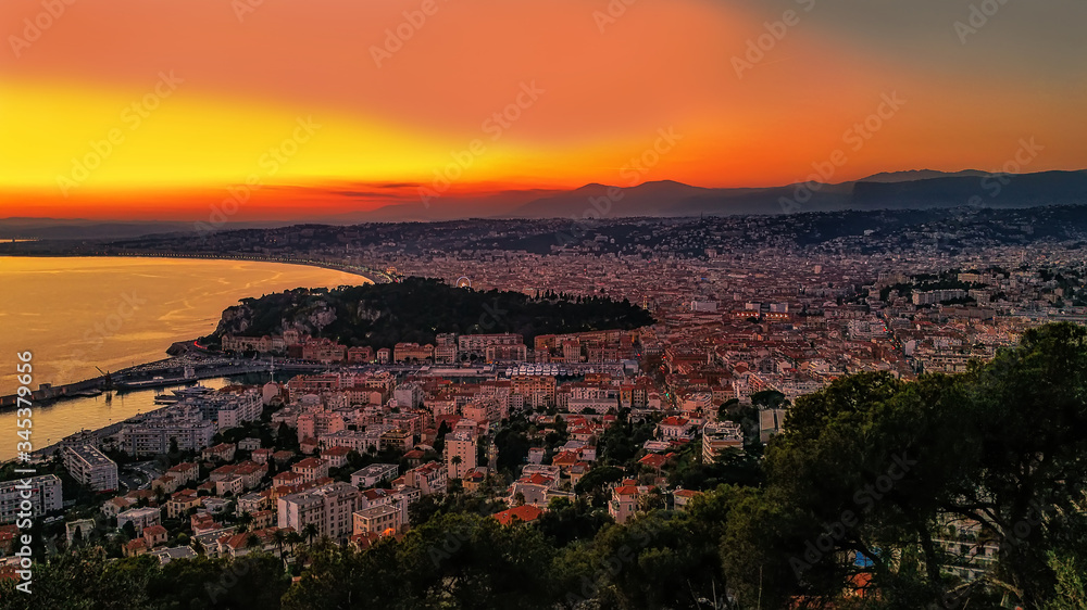 sunset over the city of Nice, France