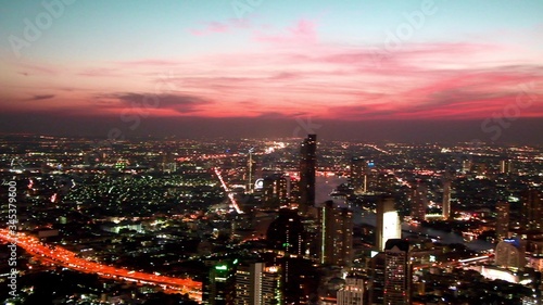 Aerial panoramic sunset view of Bangkok, Thailand