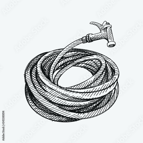 Hand-drawn sketch of Garden Hose on a white background. Gardening tools and equipment. 