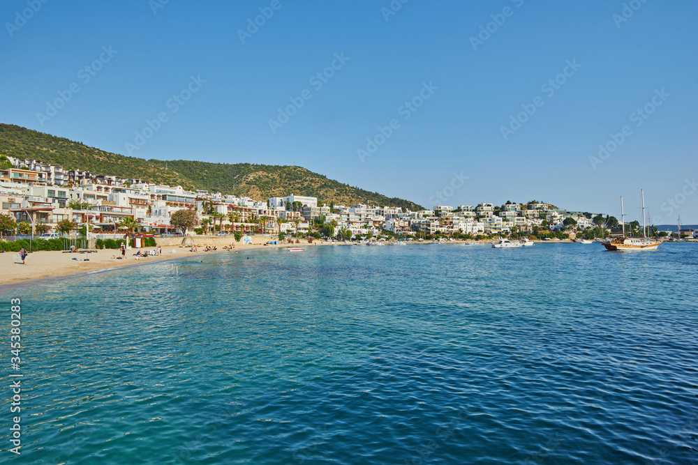 View of the Gumusluk Bodrum Marina, sailing boats and yachts in Bodrum town, city of Turkey.
