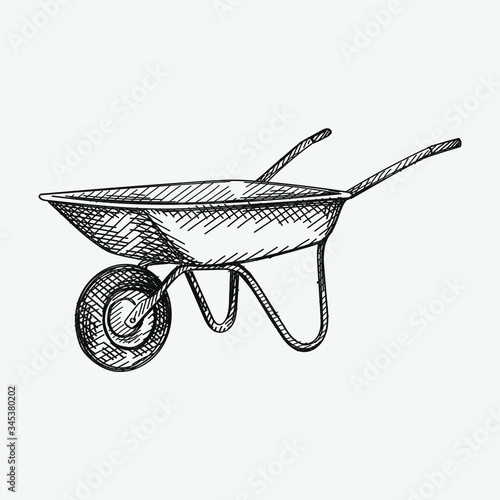 Hand-drawn sketch of Wheelbarrows on a white background. Gardening tools and equipment. 