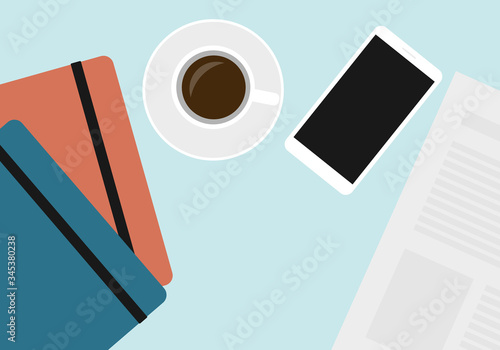 Flat design illustration of office desk with cup of coffee, notebooks and mobile phone, vector